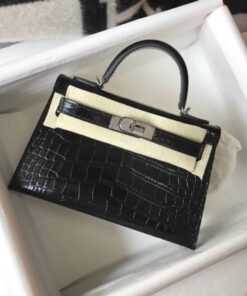 Hermes Mini Kelly 19 Black Silver Toned Hardware Bag For Women, Women's Handbags, Shoulder Bags 7.5in/19cm