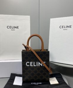 Celine Mini Vertical Cabas In Triomphe Canvas Brown For Women 7.2in/18cm 194372BZK.04LU