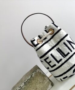 Celine Teen Drawstring In Textile With Celine All-Over White/Black For Women 7in/19cm