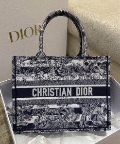 Christian Dior Medium Dior Book Tote Toile de Jouy Stripes Embroidery Black For Women 36cm CD M1296ZRLP_M928