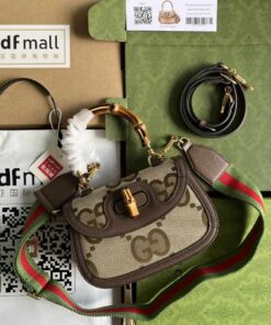 Gucci Bamboo 1947 Jumbo GG Small Top Handle Bag Camel And Ebony Jumbo GG Canvas Brown For Women 8.3in/21cm 675797 UKMDT 2570
