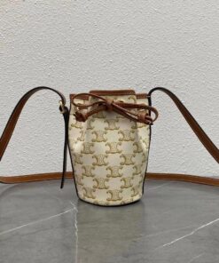 Celine Small Drawstring Bag In Trimphe Canvas White For Women 7.9in/20cm