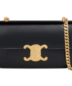 Celine Chain Shoulder Bag Triomphe In Shiny Black/Brown For Women 8in/20.5cm 197993BF4.38NO