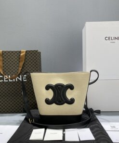 Celine Small Bucket Cuir Triomphe In Textile Beige/Black For Women 9in/22cm