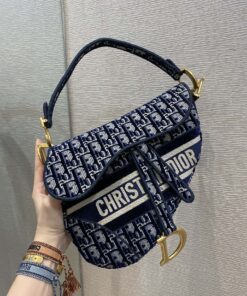 Christian Dior Saddle Bag Blue Oblique Canvas Gold Toned Hardware For Women 25cm/10in CD