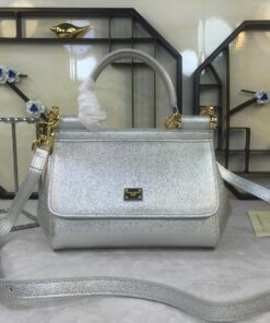 Dolce Gabbana Medium Sicily Handbag In Dauphine Silver For Women 10.2in/26cm DG