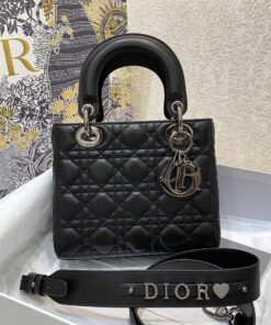 Christian Dior Small Lady Dior Bag Silver Hardware Black For Women 20cm CD