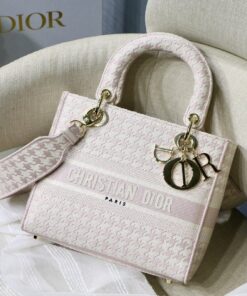 Christian Dior Medium Lady D-Lite Bag Houndstooth Embroidery Pink/White For Women 24cm CD