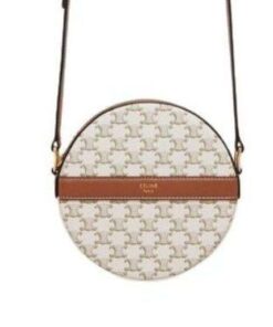 Celine Round Purse On Strap In Triomphe Canvas White/Brown For Women 5in/13.5cm